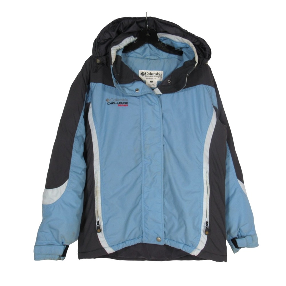 VTG COLUMBIA Blue CHALLENGE SERIES Snap/Zip PUFFER Ski HOODIE JACKET COAT Sz L